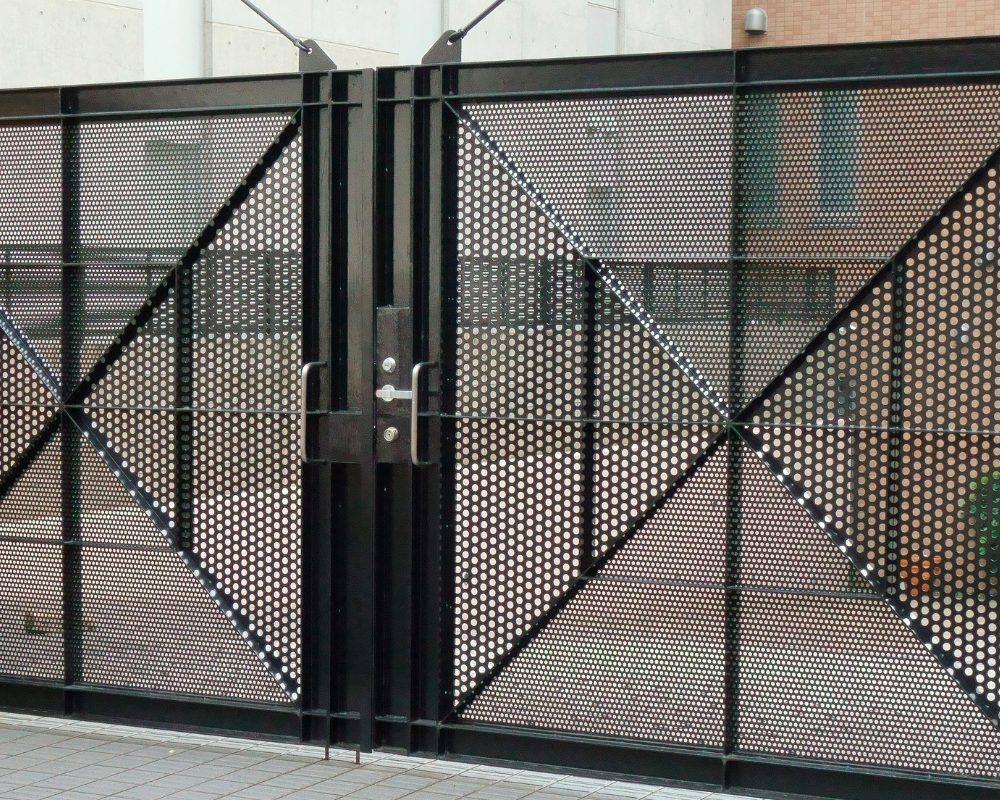 metal security gate close up at commercial building exteriors carlsbad ca